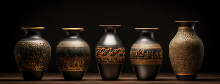 3d rendering of a set of decorative vases on a wooden tableの素材