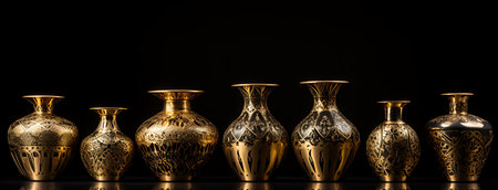 Group of golden vases isolated on black background. Copy space.の素材