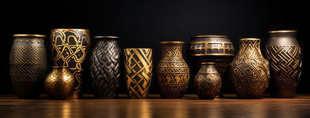 Collection of beautiful decorative vases on a wooden shelf on a black backgroundの素材