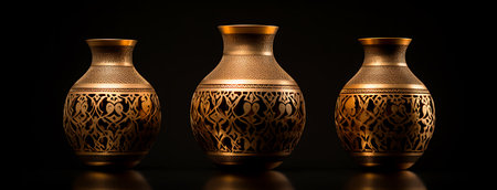 Three gold vases on a black background. 3d rendering.の素材