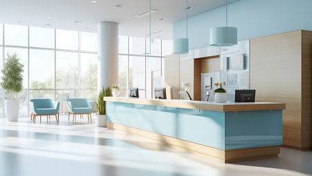 Interior of modern office with white and wooden walls, concrete floor, white reception desk with blue chairs and blue cupboards. 3d renderingの素材