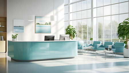 Interior of modern reception with blue reception desk and blue chairs. 3d renderingの素材