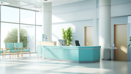 Green reception desk in a modern office lobby. 3d rendering mock upの素材