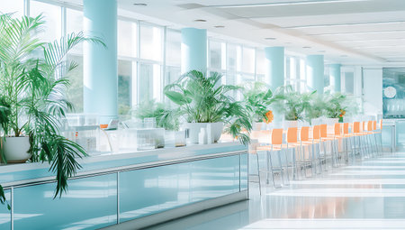 interior of a modern office building with white walls and a row of orange chairsの素材