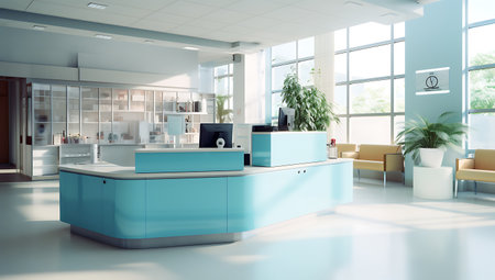 Blue reception desk in a modern office. 3d rendering mock upの素材
