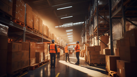 Two warehouse workers checking goods in a large warehouse. This is a freight transportation and distribution warehouse. Industrial and industrial workers conceptの素材