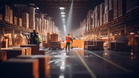 Warehouse worker using forklift in warehouse. This is a freight transportation and distribution warehouse. Industrial and industrial workers conceptの素材