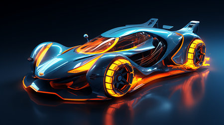 3D rendering of a futuristic race car in orange and blue neon lightの素材