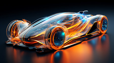 3D rendering of a sports car on a dark background with reflectionの素材