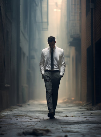 Businessman walking in a foggy street, looking at the cameraの素材