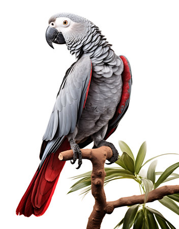 3D rendering of a red parrot sitting on a branch isolated on white backgroundの素材