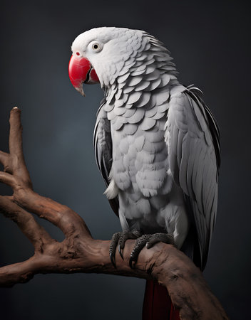 Grey parrot sitting on a branch on a dark background, close-upの素材