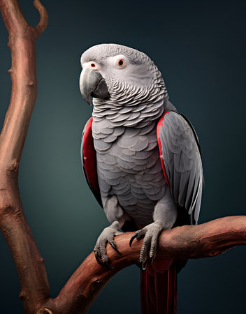 Grey parrot sitting on a branch isolated on dark background. 3d illustrationの素材