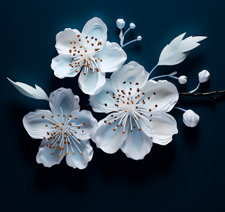 White flowers of cherry on a dark blue background. Vector illustration.の素材