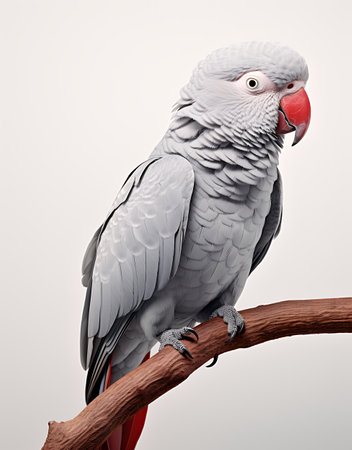 Grey parrot sitting on a branch isolated on a white background.の素材