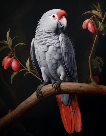 Parrot on a branch with berries. Illustration on black background.の素材