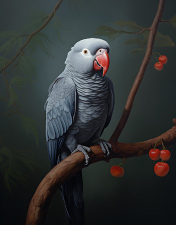 Portrait of a gray parrot on a branch with red berriesの素材