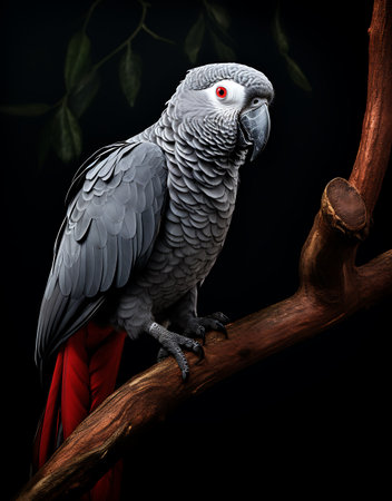 Portrait of a gray parrot with red eyes on a branchの素材