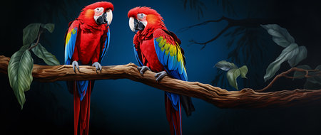 Two macaws sitting on a branch in the jungle. Vector illustrationの素材
