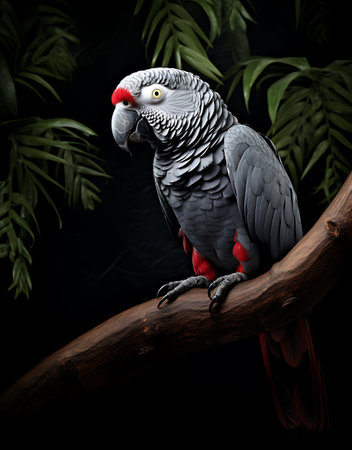 Parrot sitting on a branch with palm leaves on a black backgroundの素材