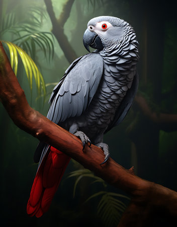 Parrot sitting on a branch in the jungle. 3d renderingの素材