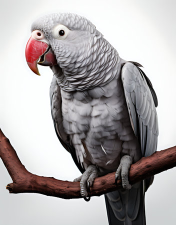Portrait of a gray parrot sitting on a tree branch.の素材