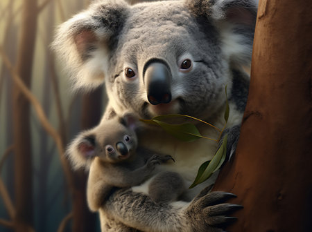 Koala bear with her baby on eucalyptus treeの素材