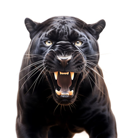 Black panther isolated on white background. Big cat with open mouth.の素材