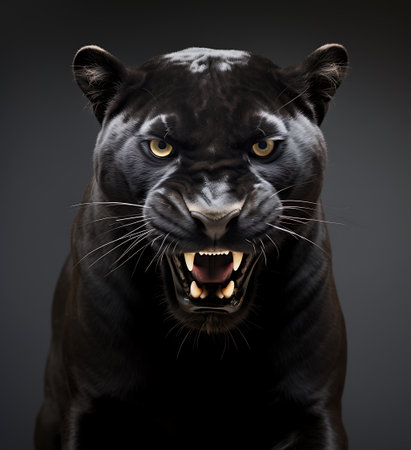 Black panther, Panthera leo, portrait on dark backgroundの素材