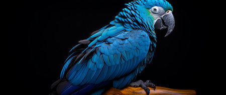 Blue macaw parrot isolated on black backgroundの素材