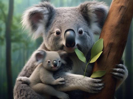 Koala bear with her baby on the eucalyptus treeの素材