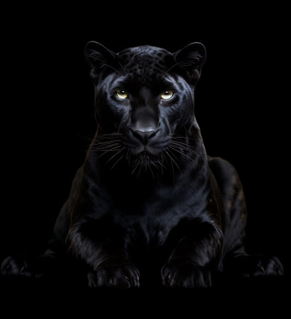 3D Digital render of a black panther isolated on black backgroundの素材