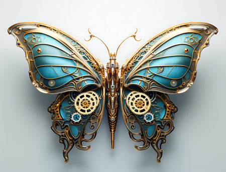 Beautiful butterfly made of turquoise and gold with gears.の素材
