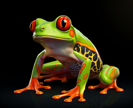Red-eyed tree frog on a black background. 3D illustration.の素材