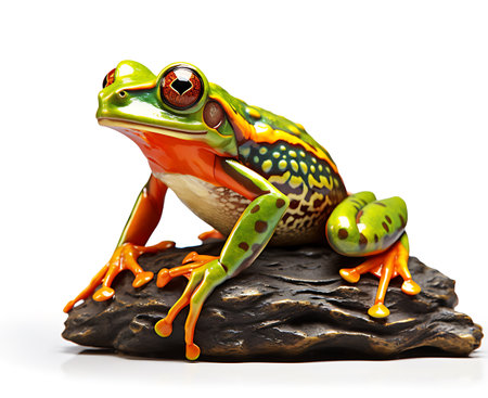 Red-eyed tree frog on a stone isolated on a white backgroundの素材