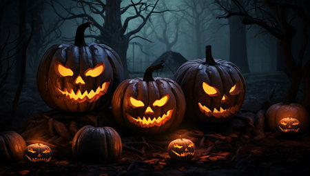 Halloween pumpkins with scary faces in dark forest, 3d renderの素材