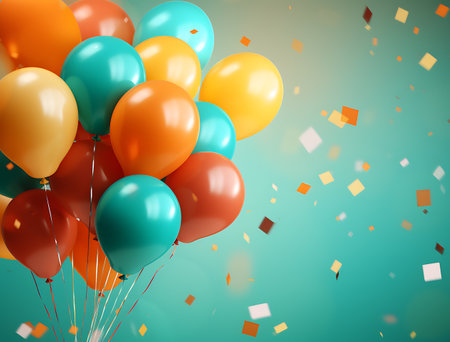 Colorful balloons with confetti and ribbons flying on blue backgroundの素材