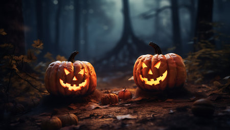 Halloween pumpkins in the dark forest at night, Halloween conceptの素材