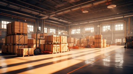 Warehouse interior with a lot of pallets. 3d renderingの素材
