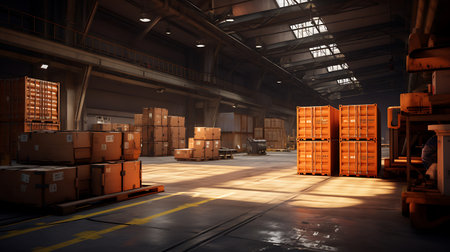 Warehouse interior with freight transportation and storage of goods. 3d renderingの素材