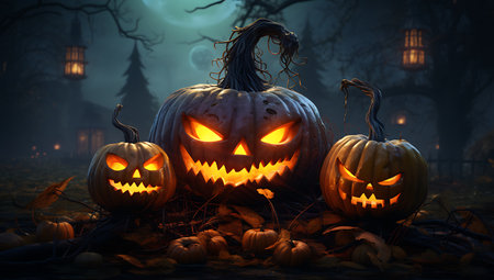 Halloween pumpkins in the dark forest. 3D rendering.の素材