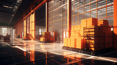 3d rendering of warehouse with pallet and boxes in warehouse roomの素材