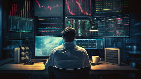 Back view of young businessman sitting at desk in office and looking at monitor with stock market dataの素材