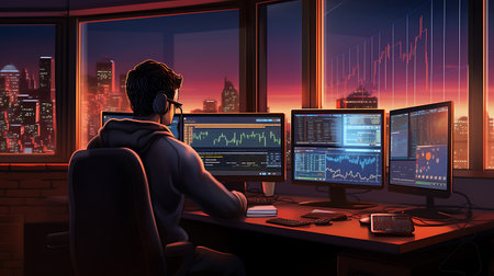 Cyber security concept with a man wearing a headset working on a computer in a dark room with a city viewの素材