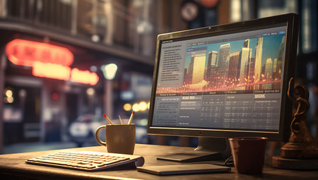 Close up of a modern office desktop with a computer and a coffee cupの素材