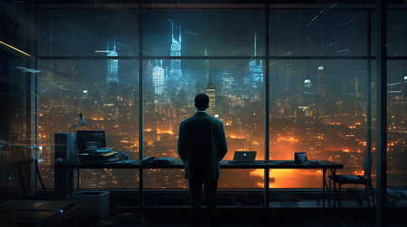Businessman looking at night city panoramic window. Mixed mediaの素材