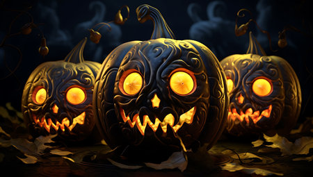 Halloween pumpkins with scary faces on dark background, 3d renderの素材