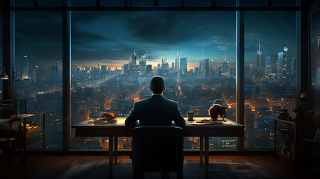 Back view of businessman sitting at table and looking at city at nightの素材