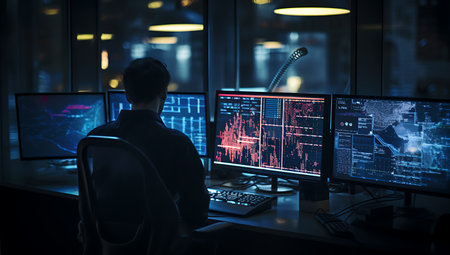 Rear view of young businessman sitting at desk in office and looking at computer monitors with forex chart.の素材