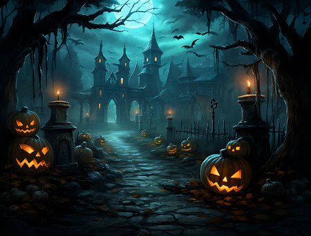 Halloween background with pumpkins and cemetery, 3d render illustrationの素材